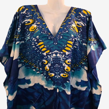 Womens Boho Kaftan Dress Flowy Resort Lounge Caftan Cover Up Blue & Yellow Abstract Pattern