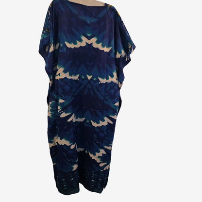 Womens Boho Kaftan Dress Flowy Resort Lounge Caftan Cover Up Blue & Yellow Abstract Pattern