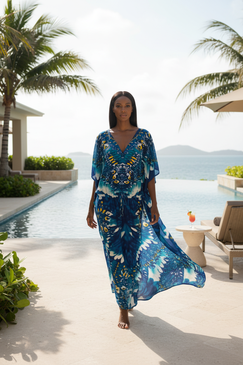 Womens Boho Kaftan Dress Flowy Resort Lounge Caftan Cover Up Blue & Yellow Abstract Pattern