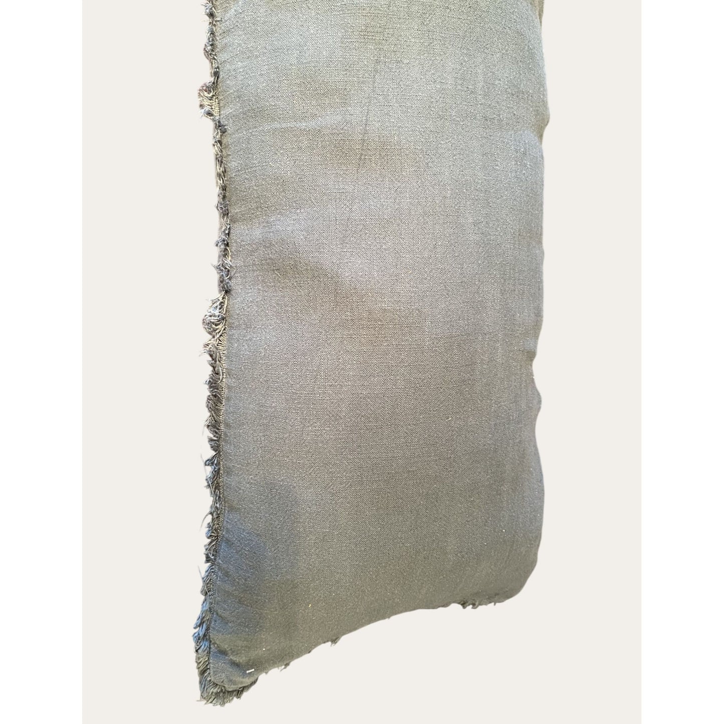 Lumbar Pillow With Fringe Trim Soft Grey Rayon Linen Blend Decorative Accent