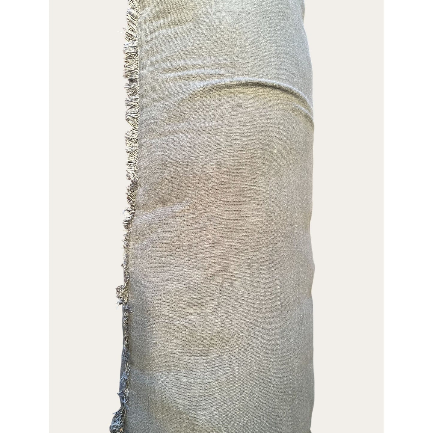 Lumbar Pillow With Fringe Trim Soft Grey Rayon Linen Blend Decorative Accent