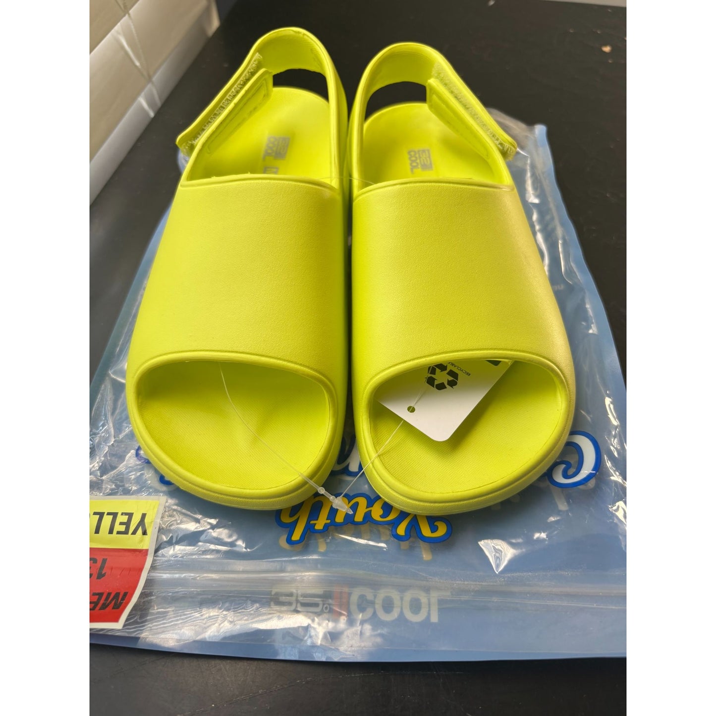 Youth Medium Yellow Slide Sandals With Velcro Strap By Be Cool