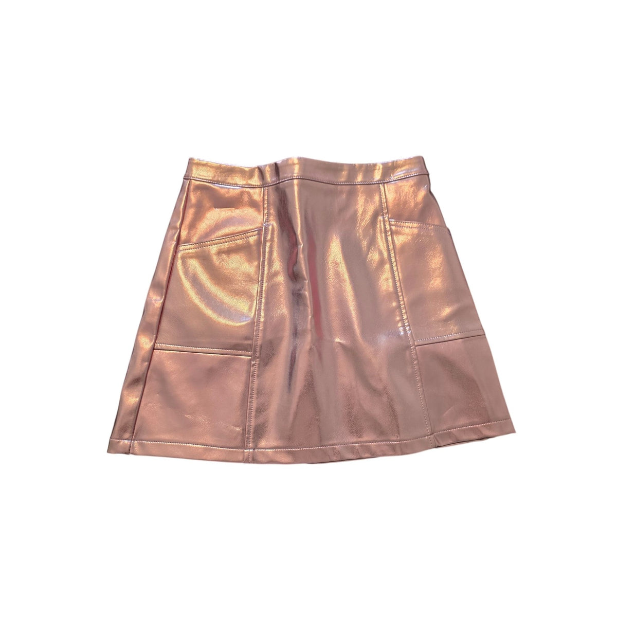 Shiny Pink Faux Leather Mini Skirt With Front Pockets & Back Zipper Closure
