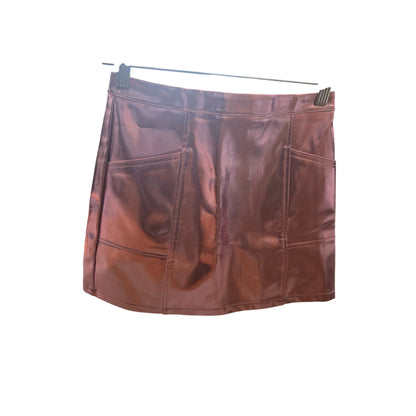 Shiny Pink Faux Leather Mini Skirt With Front Pockets & Back Zipper Closure