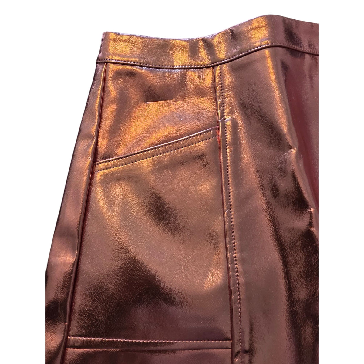 Shiny Pink Faux Leather Mini Skirt With Front Pockets & Back Zipper Closure