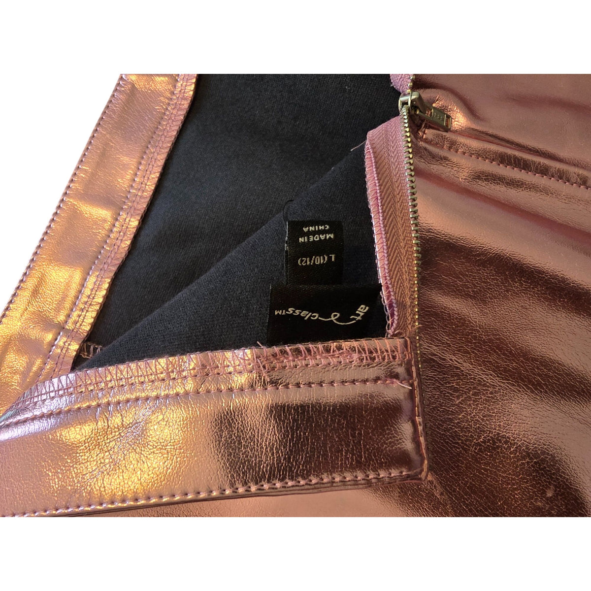 Shiny Pink Faux Leather Mini Skirt With Front Pockets & Back Zipper Closure