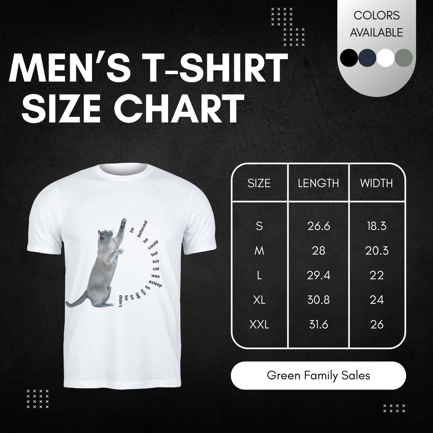 Men's T-shirt size chart featuring a humorous cat design, available in multiple colors.