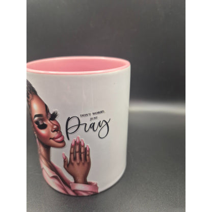 "Dont Worry Just Pray" Pink Ceramic Mug With Black Woman Art