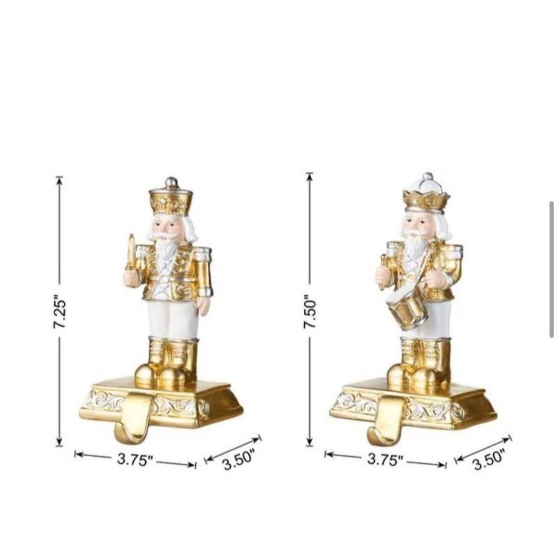 Glitzhome Nutcracker Christmas Stocking Holders, Set of 2 Gold and White Polyresin Mantel Hooks for Fireplace, Holiday Decor with Non-Slip Base