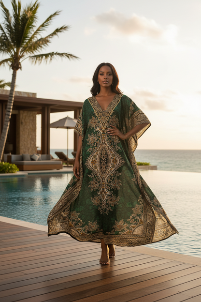 Womens Boho Kaftan Dress Flowy Resort Lounge Caftan Cover Up Green & Gold Floral Print