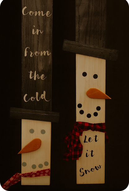 Wooden Snowman Porch Signs – Rustic Winter Outdoor Decor – “Come In From the Cold” & “Let It Snow” – Christmas Front Porch Decoration