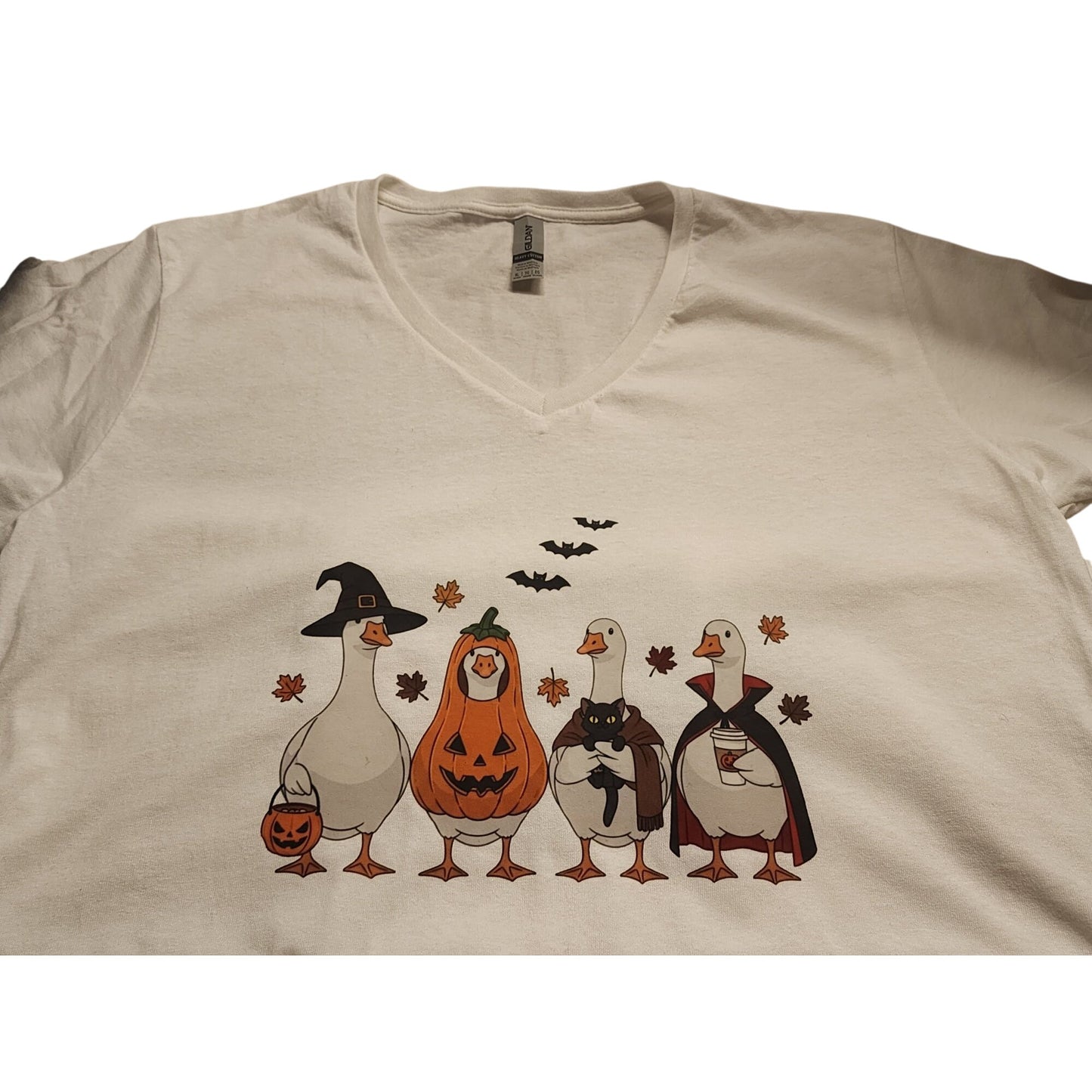 Halloween Goose-Themed XL White V-Neck T-Shirt Heavy Cotton Gildan Fall Design