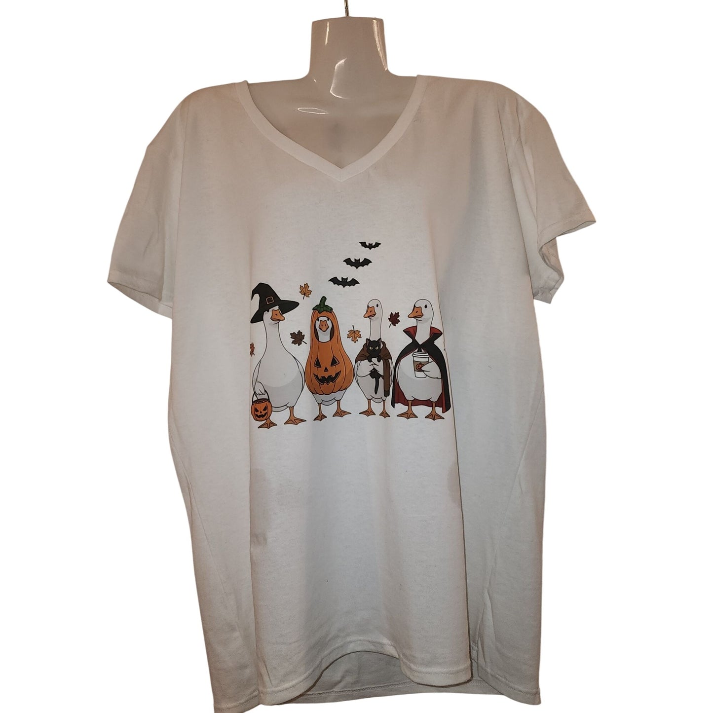 Halloween Goose-Themed XL White V-Neck T-Shirt Heavy Cotton Gildan Fall Design