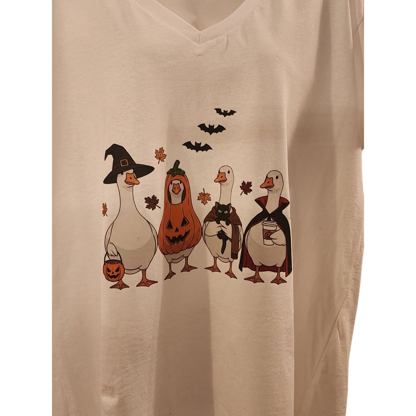 Halloween Goose-Themed XL White V-Neck T-Shirt Heavy Cotton Gildan Fall Design