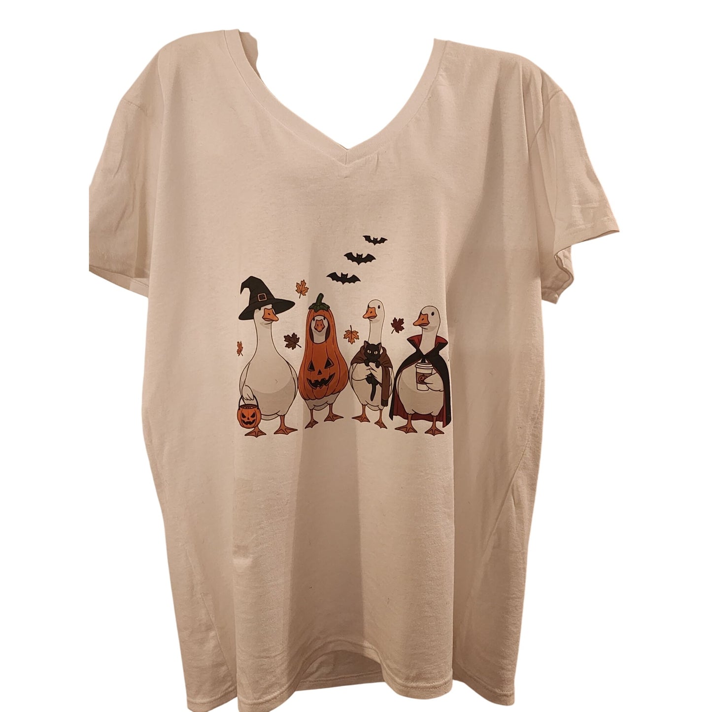 Halloween Goose-Themed XL White V-Neck T-Shirt Heavy Cotton Gildan Fall Design