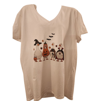 Halloween Goose-Themed XL White V-Neck T-Shirt Heavy Cotton Gildan Fall Design