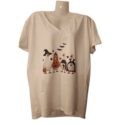 Halloween Goose-Themed XL White V-Neck T-Shirt Heavy Cotton Gildan Fall Design