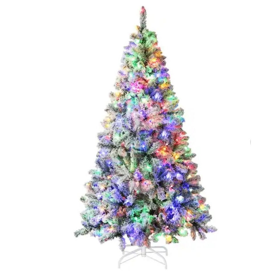 Snowy Artificial Christmas Tree w/Color Changing Led Lights 6.5 Ft Indoor Use Only