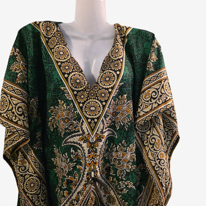 Womens Boho Kaftan Dress Flowy Resort Lounge Caftan Cover Up Green & Gold Floral Print
