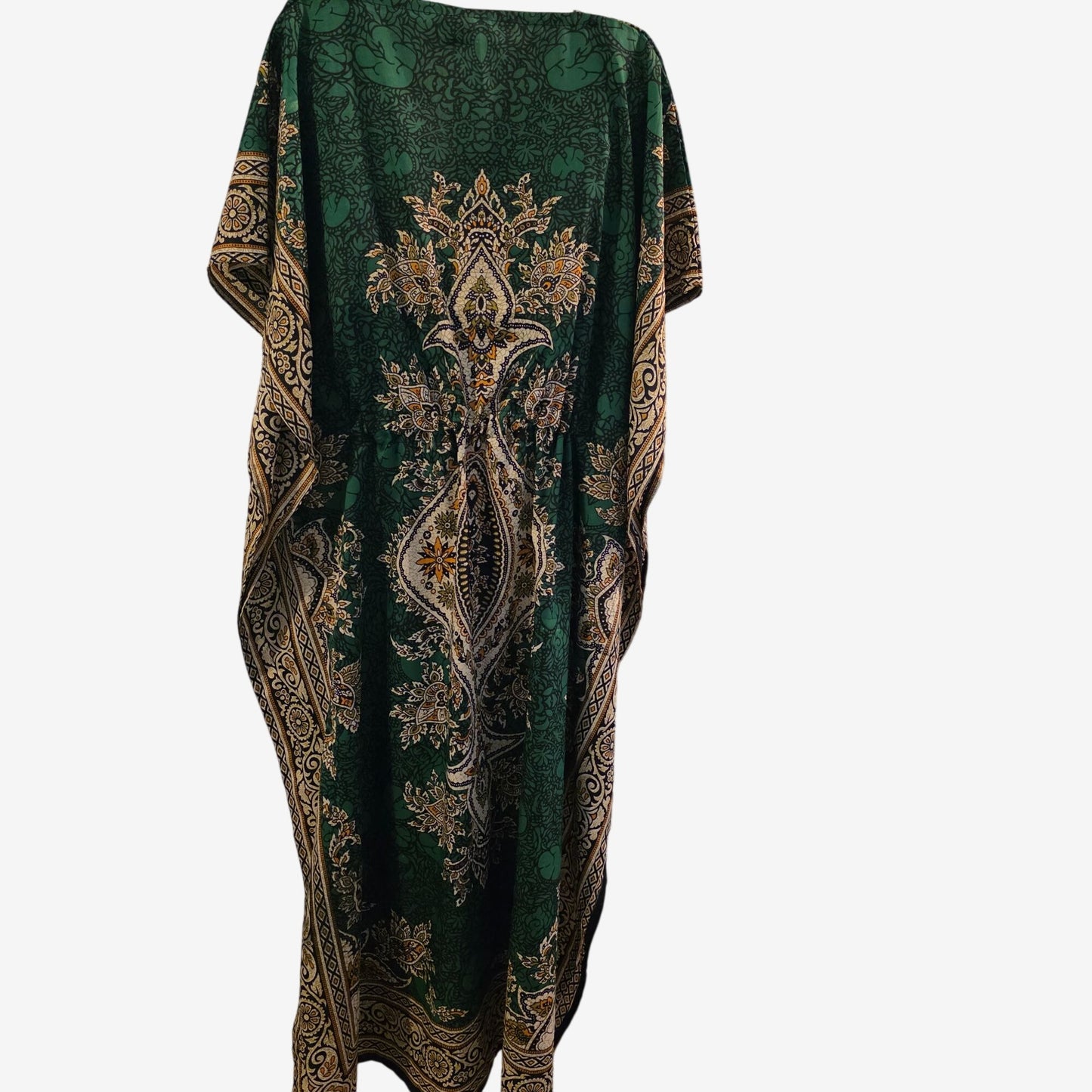 Womens Boho Kaftan Dress Flowy Resort Lounge Caftan Cover Up Green & Gold Floral Print