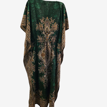 Womens Boho Kaftan Dress Flowy Resort Lounge Caftan Cover Up Green & Gold Floral Print