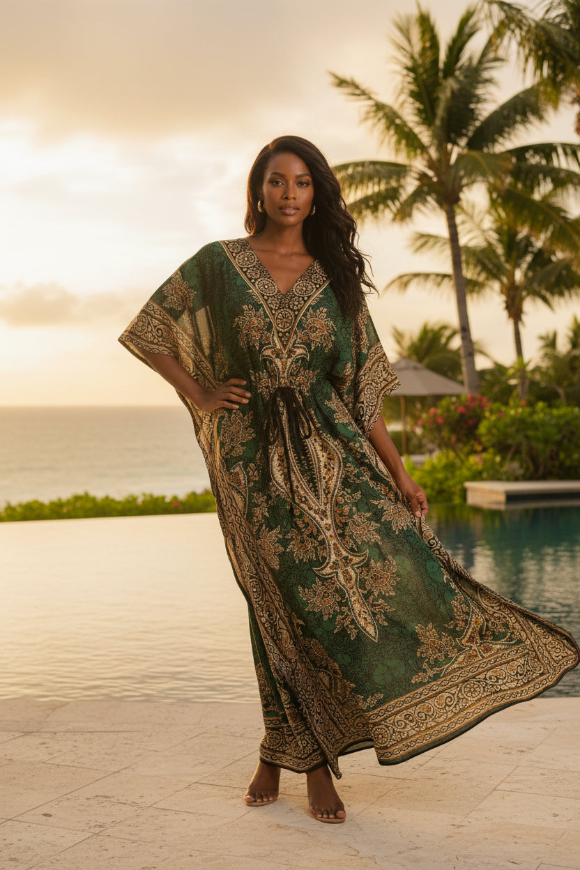 Womens Boho Kaftan Dress Flowy Resort Lounge Caftan Cover Up Green & Gold Floral Print