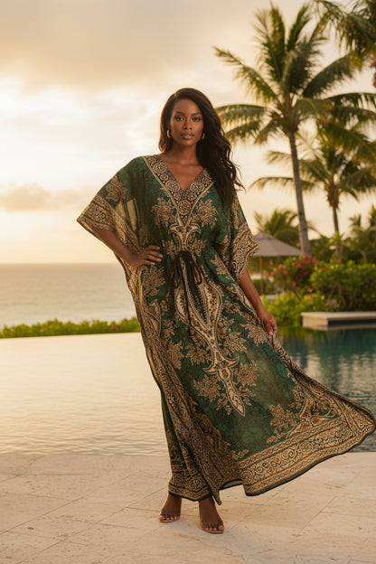Womens Boho Kaftan Dress Flowy Resort Lounge Caftan Cover Up Green & Gold Floral Print