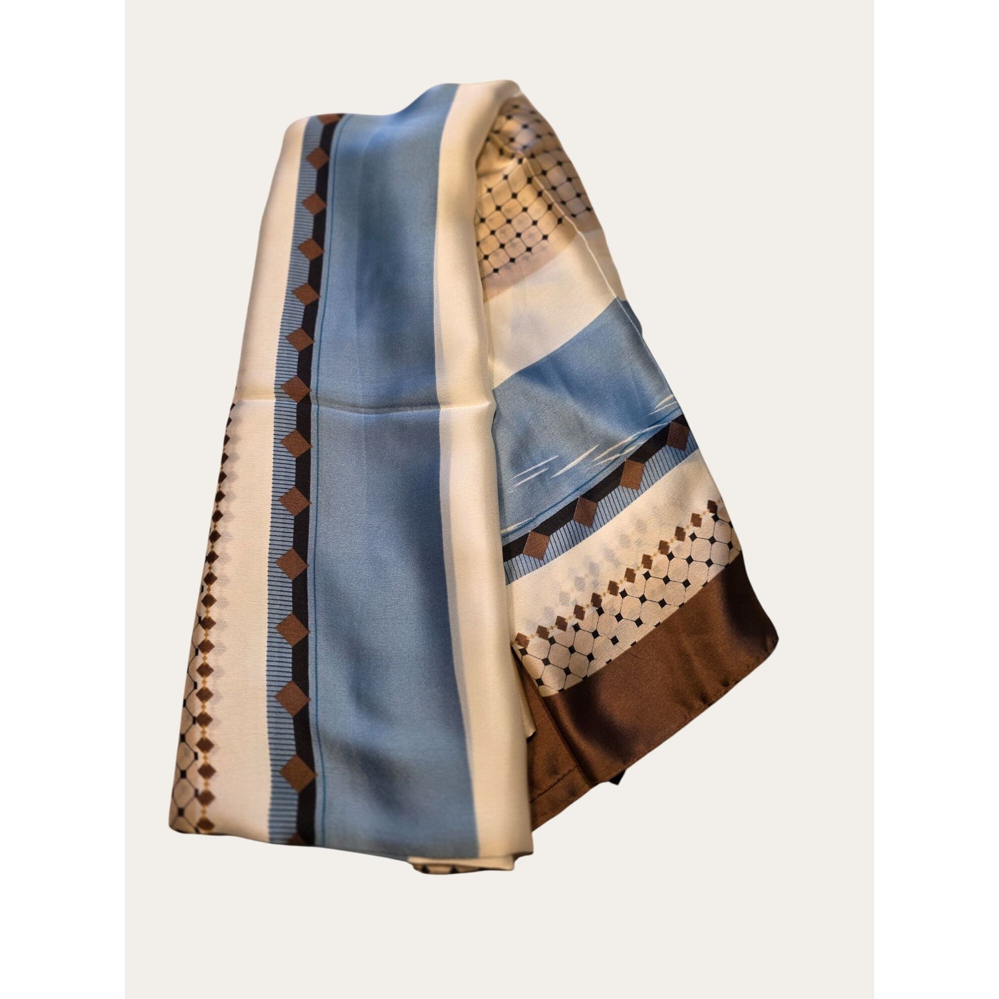 Vintage-Inspired Scarf With Geometric & Striped Pattern In Blue Beige & Brown