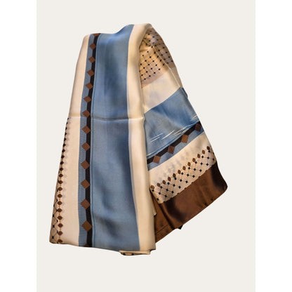 Vintage-Inspired Scarf With Geometric & Striped Pattern In Blue Beige & Brown