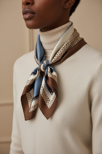 Vintage-Inspired Scarf With Geometric & Striped Pattern In Blue Beige & Brown