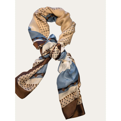 Vintage-Inspired Scarf With Geometric & Striped Pattern In Blue Beige & Brown