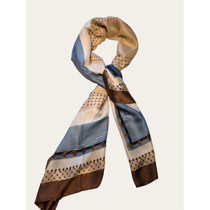 Vintage-Inspired Scarf With Geometric & Striped Pattern In Blue Beige & Brown