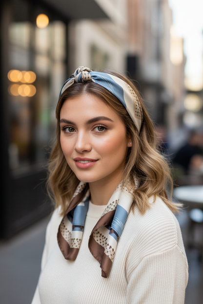 Vintage-Inspired Scarf With Geometric & Striped Pattern In Blue Beige & Brown