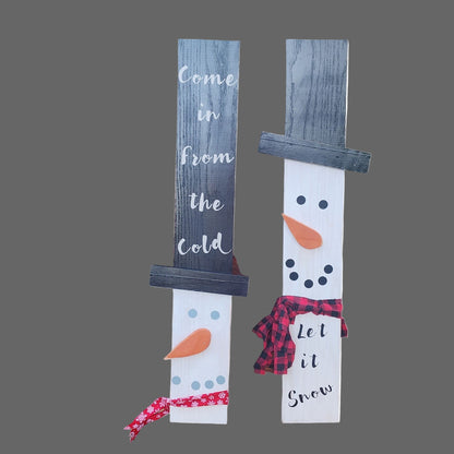 Wooden Snowman Porch Signs – Rustic Winter Outdoor Decor – “Come In From the Cold” & “Let It Snow” – Christmas Front Porch Decoration