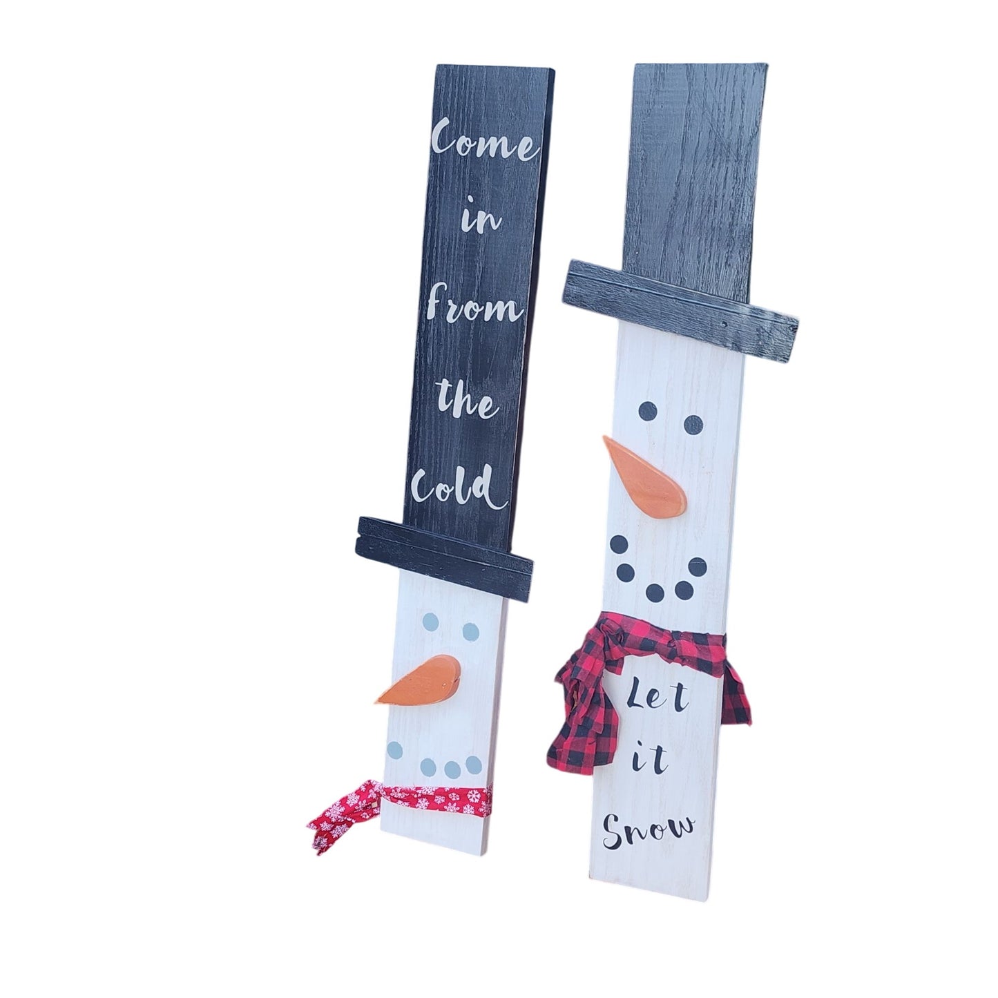 Wooden Snowman Porch Signs – Rustic Winter Outdoor Decor – “Come In From the Cold” & “Let It Snow” – Christmas Front Porch Decoration