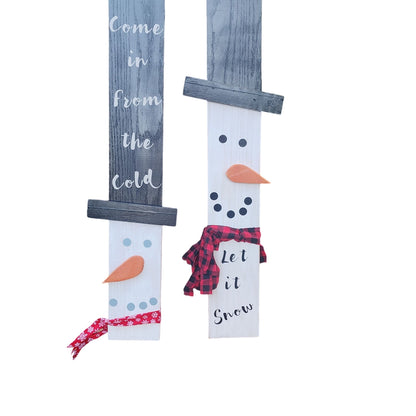 Wooden Snowman Porch Signs – Rustic Winter Outdoor Decor – “Come In From the Cold” & “Let It Snow” – Christmas Front Porch Decoration