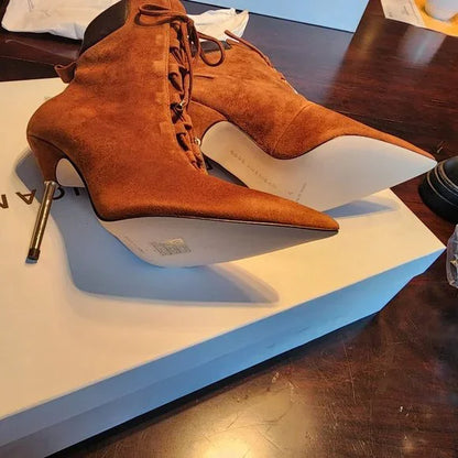 Good American Ankle Scandal Lace Up Bootie Suede - 4