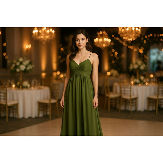 Elegant Olive Green Maxi Dress With Pleated Bodice & Spaghetti Straps Design Flowy