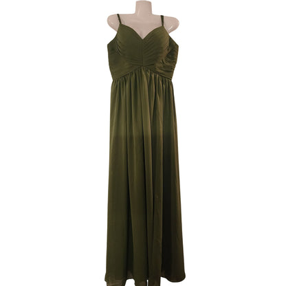 Elegant Olive Green Maxi Dress With Pleated Bodice & Spaghetti Straps Design Flowy