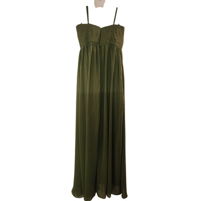 Elegant Olive Green Maxi Dress With Pleated Bodice & Spaghetti Straps Design Flowy