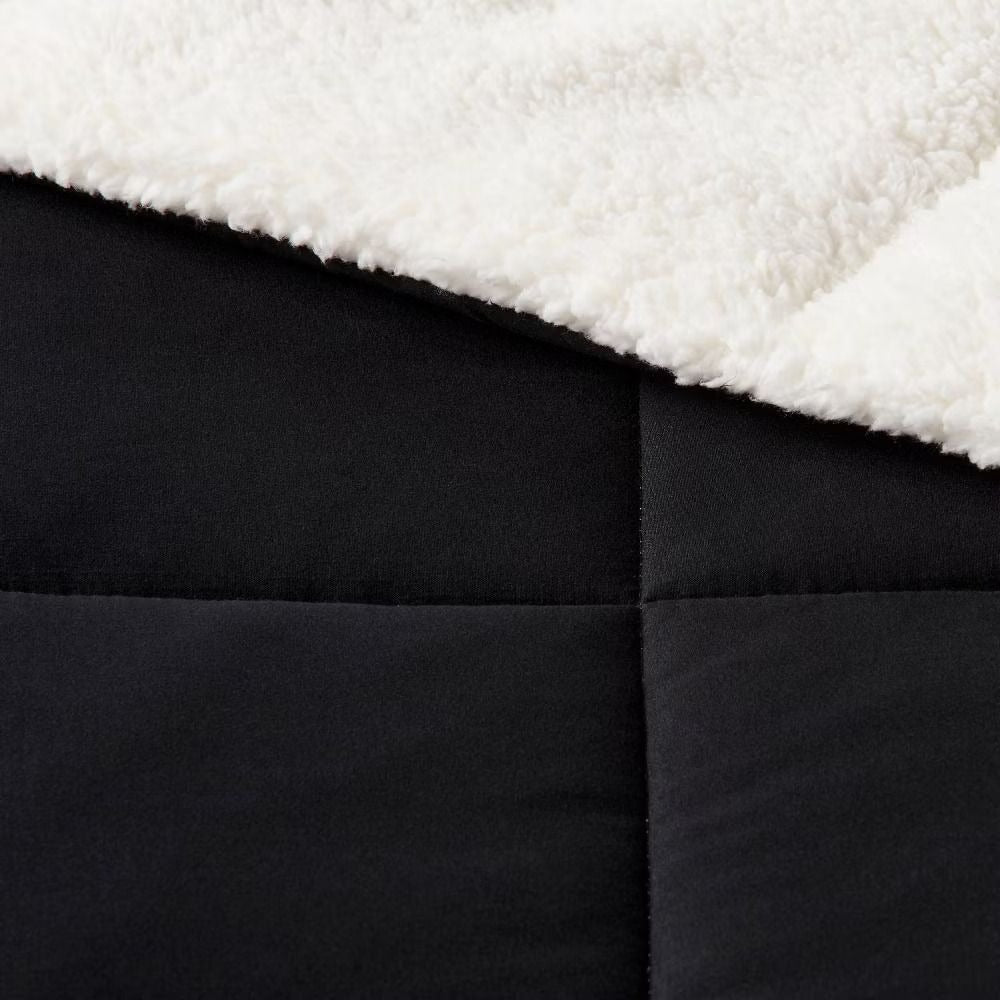Room Essentials Twin Extra Long Faux Shearling Washed Microfiber Reversible Comforter- Black