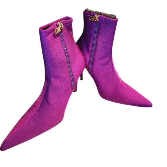 Good American Purple Satin Pointed-Toe Stiletto Ankle Booties, Size 6.5