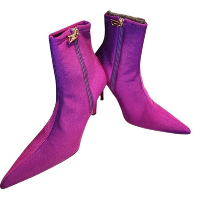 Good American Purple Satin Pointed-Toe Stiletto Ankle Booties, Size 6.5