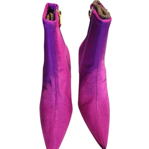 Good American Purple Satin Pointed-Toe Stiletto Ankle Booties, Size 6.5