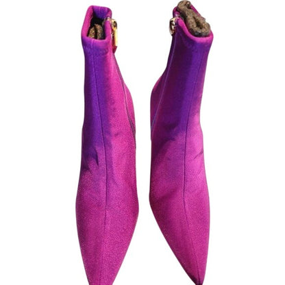 Good American Purple Satin Pointed-Toe Stiletto Ankle Booties, Size 6.5