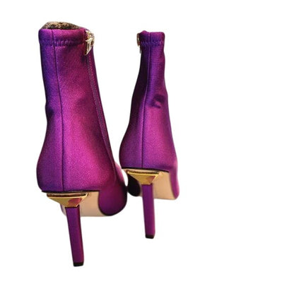 Good American Purple Satin Pointed-Toe Stiletto Ankle Booties, Size 6.5