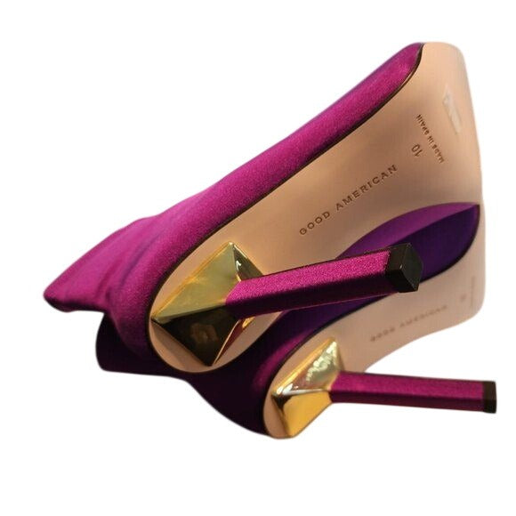 Good American Purple Satin Pointed-Toe Stiletto Ankle Booties, Size 6.5