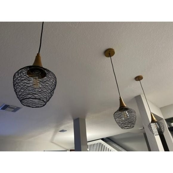 Modern 7in Mini Farmhouse Metal Cage Gold Pendant 1-Lighting Black Wire Kitchen