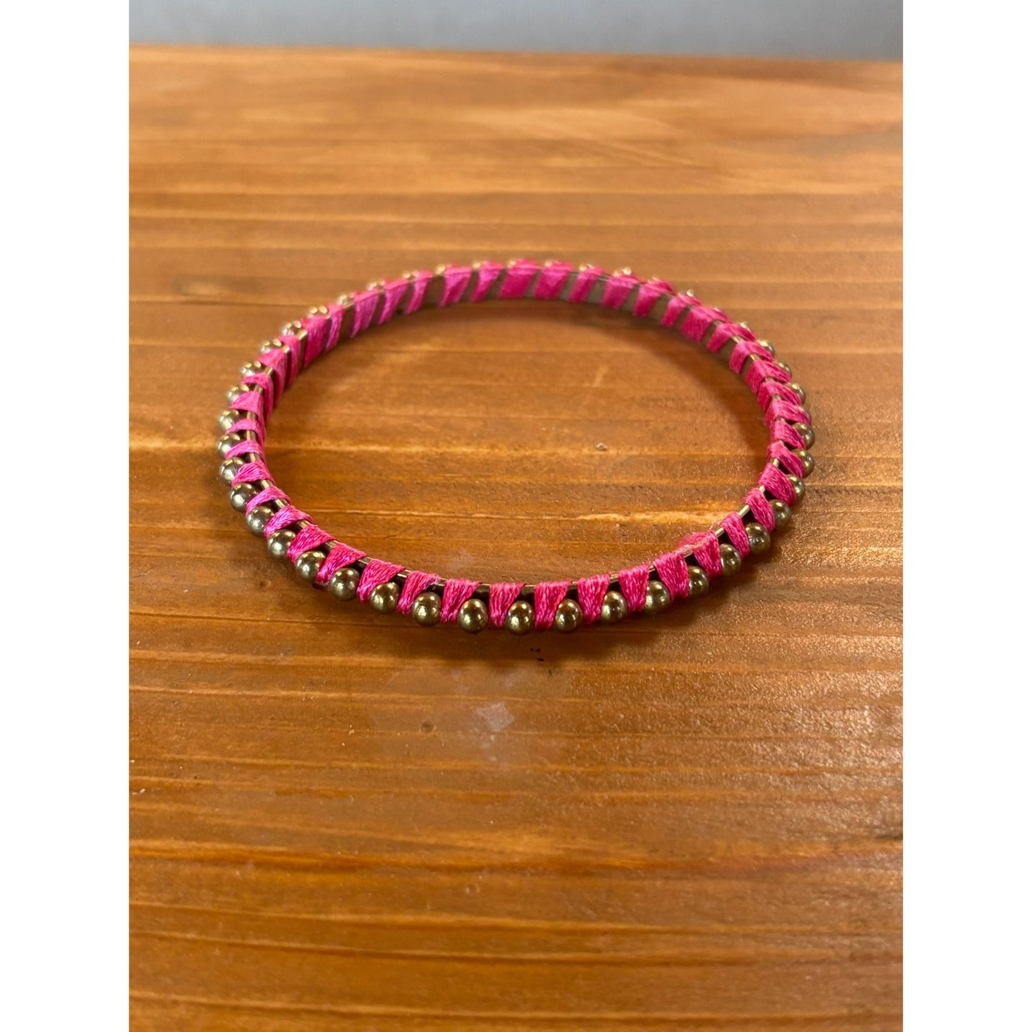 Hot Pink Woven Bangles With Silver Bead Accents
