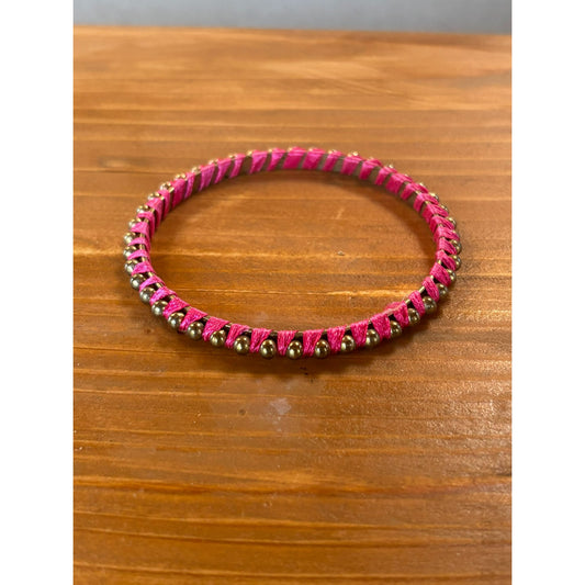 Hot Pink Woven Bangles With Silver Bead Accents
